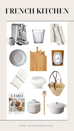 the french kitchen cookbook is shown with dishes, utensils and other items