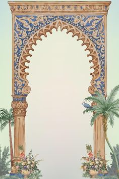 an ornate archway with flowers and palm trees in front of a light blue sky background