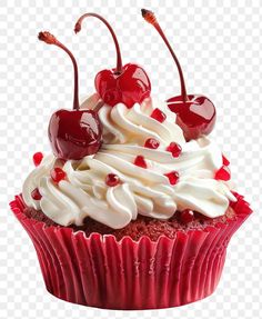 a cupcake with white frosting and cherries on top is shown in red