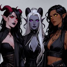 three women dressed in black and red with horns on their heads are standing next to each other