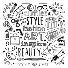 the words art inspire beauty are surrounded by doodles and other things in black and white