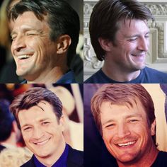 four different pictures of men smiling and looking at the same person's face, one with his eyes closed