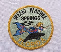 fully embroidered, iron on patch, Weeki Wachee, springs, with mermaid and manatee. Great souvenir of your family vacation to Florida for fun and swimming in the cool springs. Size is  3 1/8 inches across. Manatee Florida, Weeki Wachee, Florida Vacation, Iron On Patch, The Cool, Iron On Patches, Family Vacation, Springs, Screen Printing