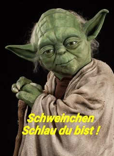 a yoda with the words french du bist on it's face and hands