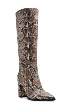 Complete your night-out style with the effortless panache of this knee-high boot set on a lofty block heel. 3 1/2" heel 14 1/2" shaft; 14" calf circumference Pull-on style Synthetic upper, lining and sole Imported Snakeskin Boots Outfit, Snake Boots, Snakeskin Boots, Platform Slippers, Pointed Toe Shoes, Kids Sandals, Designer Clothes For Men, Kids Sneakers, Autumn Fashion Women