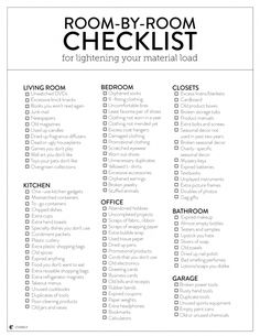 the room - by - room checklist for lightening your material load is shown in black and white