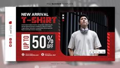 a man wearing headphones is standing in front of a red and black banner with the text new arrival t - shirt sale up to 50 % off