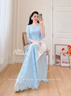 🌻Material: Lace and silk , double layers Stretchy level: 1/10 🌻 The measurement of this ao dai (long dress) is in Vietnamese size (American size tends to be bigger for the same size). Please LOOK AT THE SIZE CHART CAREFULLY BEFORE ORDERING. There might have some chalk writings on the fabric due to making process. These marks can be washed away easily. 🌻🌻No returns or exchanges Buyer can contact seller about any issues with an order. 🌸 Follow us Facebook/aodaiemily www.aodaiemily.com 💜 Than Spring Ceremony Long Sleeve Ao Dai, Spring Ceremony Ao Dai With Long Sleeves, Floor-length Ao Dai For Ceremonies, Blue Maxi Dress For Wedding, Blue Wedding Maxi Dress, Traditional Blue Ao Dai For Party, Formal Blue Ao Dai For Spring, Blue Ao Dai For Spring Formal Occasions, Floor-length Ao Dai For Spring Wedding