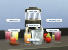 the blender is filled with different types of juices