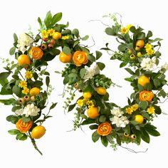 two oranges and white flowers are arranged in the shape of the letter o on a white background