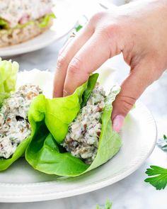 a person picking up some lettuce from a plate