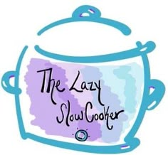 the lazy slow cooker logo is blue and purple with an image of a pot on it