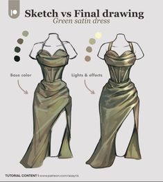 a drawing of a dress with the words sketch vs final drawing green satin dress on it