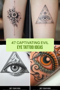 four different tattoos with the words captivating evil eye tattoo ideas