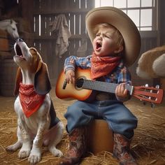 a little boy that is sitting next to a dog with a guitar in his lap