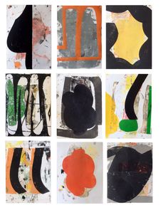 nine abstract paintings with different colors and shapes on white paper, including black, orange, green