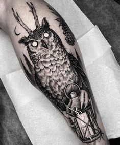 an owl with antlers on it's head is sitting in a lantern tattoo