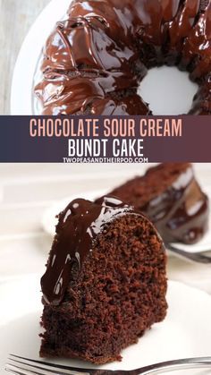 chocolate sour cream bundt cake on a white plate