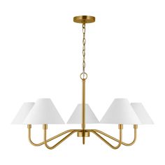 a brass chandelier with three white lamps