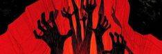 two hands reaching up towards each other in front of a red and black background with trees