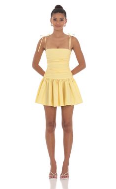 Ruched Fit and Flare Dress in Yellow Fluttershy Dress, Yellow Hoco Dress, Rush Week Outfits, Sorority Recruitment Outfits, Rush Outfits, Semi Dresses, Recruitment Outfits, Cute Homecoming Dresses, Yellow Mini Dress