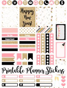 the happy new year planner stickers are in pink, gold and white with black accents