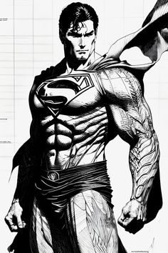 a black and white drawing of superman