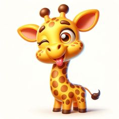 a cartoon giraffe with its tongue out and eyes wide open, standing in front of a white background