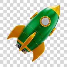 a green and yellow rocket ship flying through the air