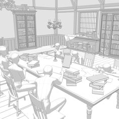 a black and white drawing of a room with bookshelves, chairs, tables and desks