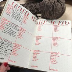 an open notebook with crochet rules to make written in red on the pages