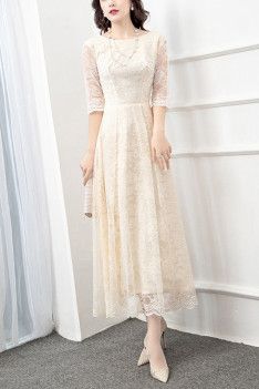 Asian Dresses Fashion, Petite Prom Dress, Lace Tea Length Dress, Dress With Lace Sleeves, Lace Dress Casual, Lace Summer Dresses, Cream Lace Dress, Bridal Dress Fashion, Midi Dress Style