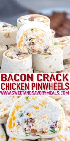 bacon cracker chicken pinwheels stacked on top of each other with text overlay