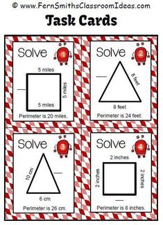 four cards with different shapes and numbers to help students learn how to solve the missing triangles