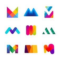 various colorful logos and shapes on a white background