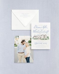 the wedding stationery is shown with an envelope, and two photos on top of it