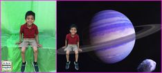 there is a young boy that is sitting in front of the planet and an image of saturn