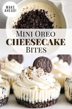 mini oreo cheesecake bites on a white plate with oreos and cream in the background