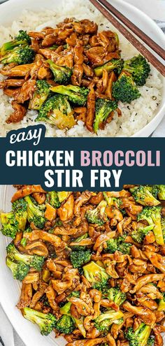 chicken and broccoli stir fry in a white bowl with chopsticks on the side