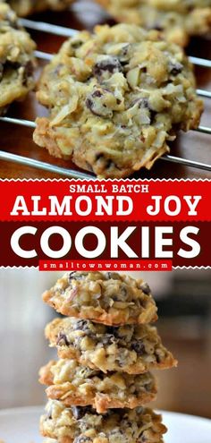 small batch of almond joy cookies stacked on top of each other with text overlay