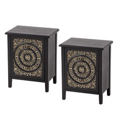 two black and gold side tables with intricate designs on the top, one is made from wood