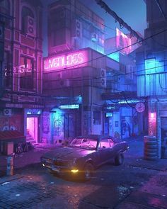 a car parked on the side of a street next to tall buildings with neon lights