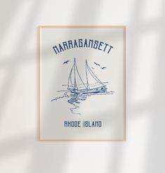 a blue and white poster with a sailboat in the water on it's side