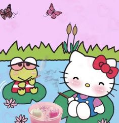 a hello kitty drinking from a pink cup next to a pond with flowers and butterflies