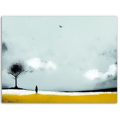 a painting of a person standing in front of a tree with an airplane flying overhead