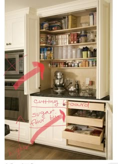 an open cabinet in a kitchen with labels on it