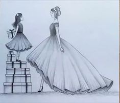 a drawing of two women in dresses standing next to each other on stacks of blocks