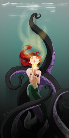 the little mermaid is looking at her reflection in the water while she's holding an octopus