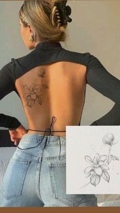 the back of a woman's body with flowers on it, and a drawing of a flower behind her