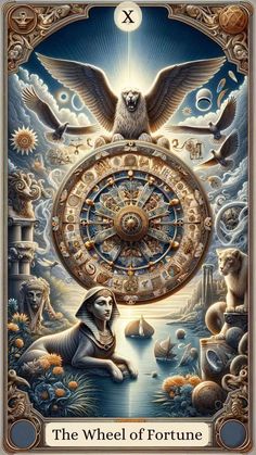 the wheel of fortune with an eagle above it and other animals around it, all in gold